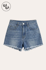 Flat lay of RELA RELA's Mid Blue high-waisted frayed hem denim shorts in stretch denim.
