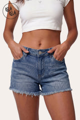 Front view of RELA RELA's Mid Blue high-waisted push-up denim shorts with a flattering sculpting fit and frayed hem.