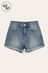 Flat lay of RELA RELA's Vintage Blue high-waisted frayed hem denim shorts in stretch denim.