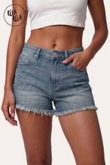 Front view of RELA RELA's Vintage Blue high-waisted push-up denim shorts with a flattering sculpting fit and frayed hem.