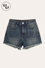 Flat lay of RELA RELA's Denim high-waisted frayed hem denim shorts in stretch denim.