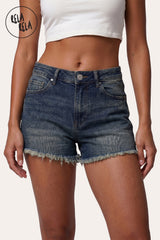 Front view of RELA RELA's Denim high-waisted push-up denim shorts with a flattering sculpting fit and frayed hem.