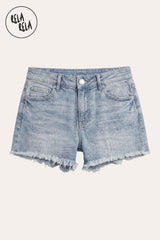 Flat lay of RELA RELA's Light Blue high-waisted frayed hem denim shorts in stretch denim.