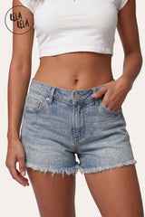 Front view of RELA RELA's Light Blue high-waisted push-up denim shorts with a flattering sculpting fit and frayed hem.