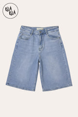 flat lay of relaxed baggy fit and longline silhouette of the blue denim shorts.