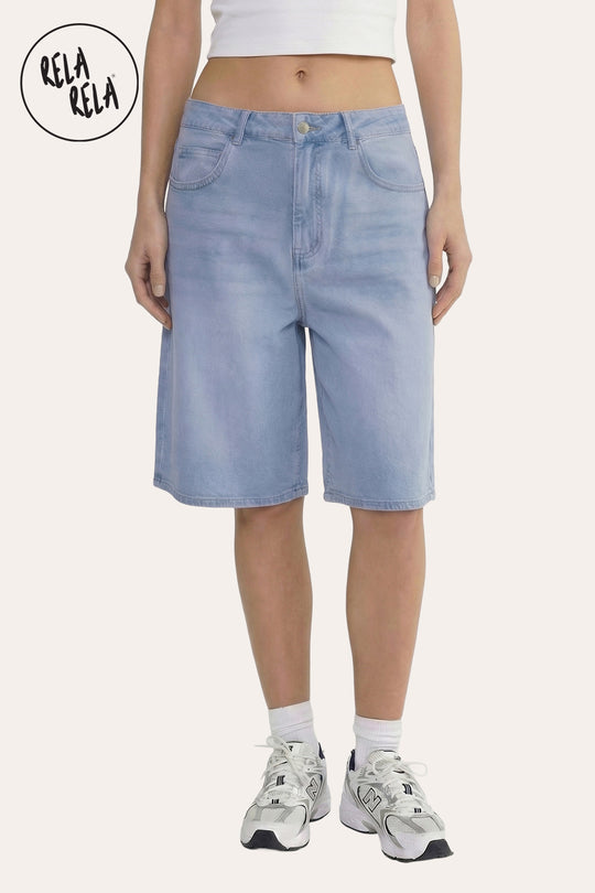 Viral Stretchy Low Rise Baggy Longline Denim Bermuda Shorts in Blue