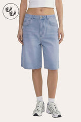 Front view of Viral Stretchy Low Rise Baggy Longline Denim Bermuda Shorts in Blue.