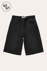 Flat lay of Charcoal Viral Stretchy Low Rise Baggy Denim Shorts. Over-the-knee longline Bermuda fit in a distressed grey tone.