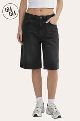 Front view of Viral Stretchy Low Rise Baggy Longline Denim Bermuda Shorts in a faded Charcoal grey wash.