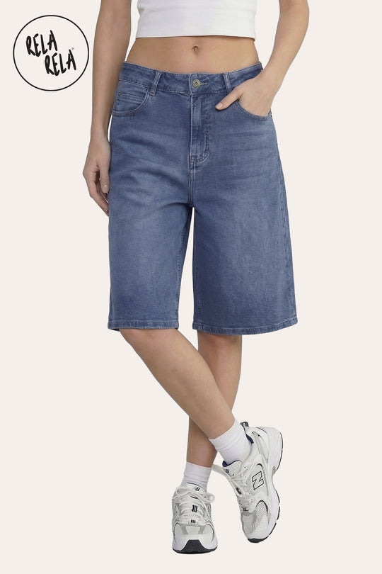 Viral Stretchy Low Rise Baggy Longline Denim Bermuda Shorts in Denim Blue