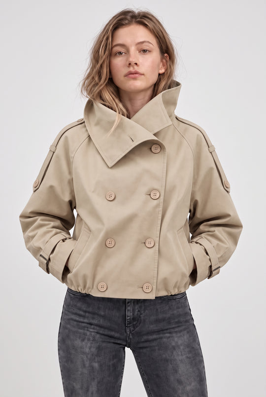 Cropped Double Breasted Trench Jacket in Beige