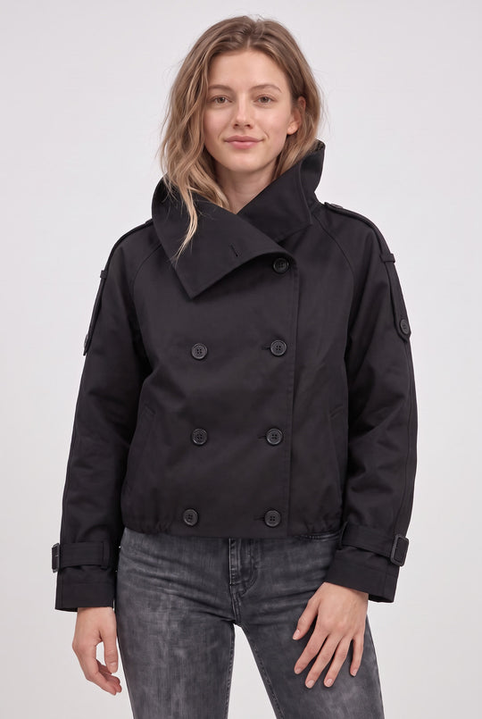 Cropped Double Breasted Trench Jacket in Black