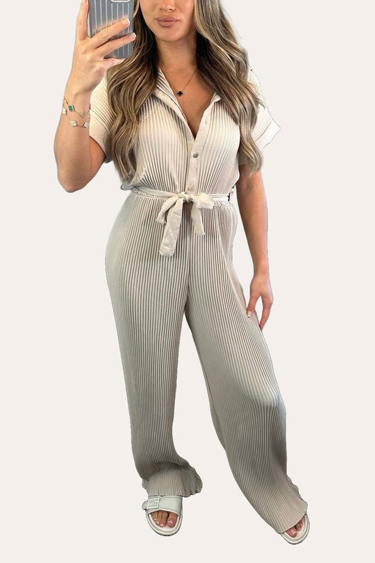 Pleated Button Up Tie Waist Detail Jumpsuit in Beige
