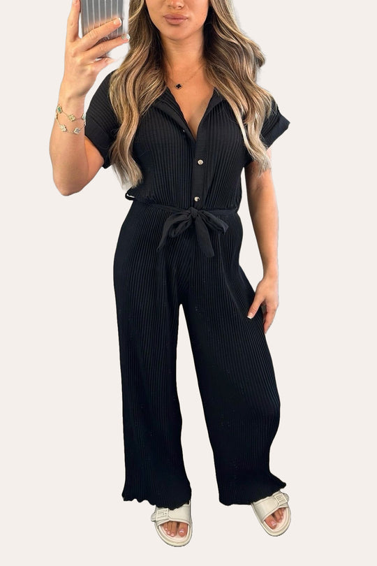 Pleated Button Up Tie Waist Detail Jumpsuit in Black