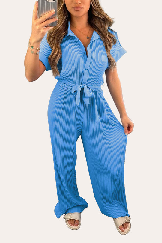 Pleated Button Up Tie Waist Detail Jumpsuit in Blue