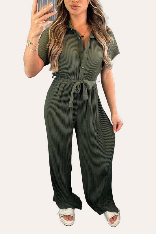 Pleated Button Up Tie Waist Detail Jumpsuit in Khaki