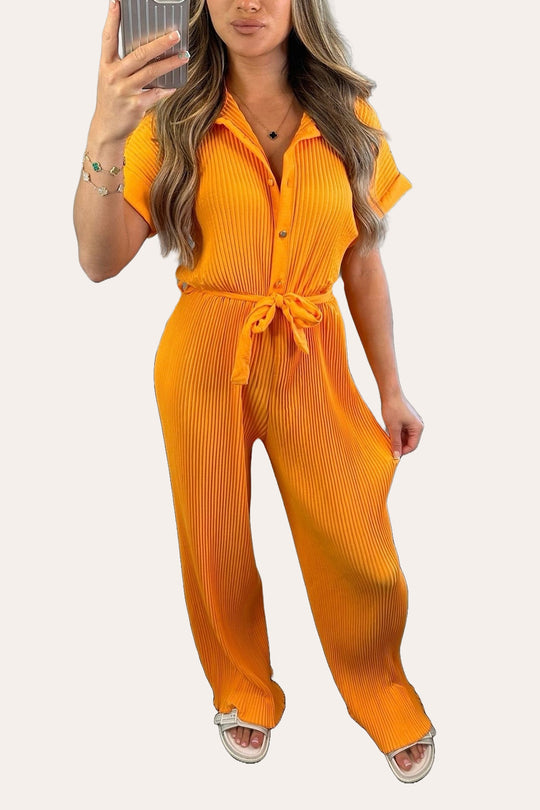 Pleated Button Up Tie Waist Detail Jumpsuit in Orange