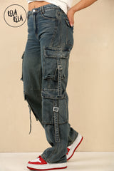 Tall Vintage Wash Cargo Pocket Wide Leg Jeans in Vintage Blue