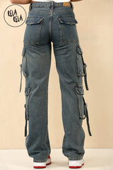 Tall Vintage Wash Cargo Pocket Wide Leg Jeans in Vintage Blue