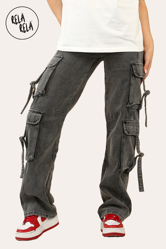 Tall Vintage Wash Cargo Pocket Wide Leg Jeans in Vintage Grey
