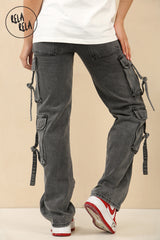 Tall Vintage Wash Cargo Pocket Wide Leg Jeans in Vintage Grey