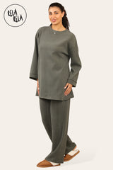 Crew Neck Wide Leg Trousers Loungewear Set Co-Ord in Khaki side