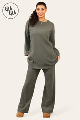 Crew Neck Wide Leg Trousers Loungewear Set Co-Ord in Khaki