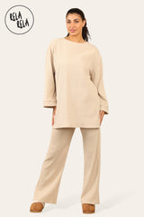 Crew Neck Wide Leg Trousers Loungewear Set Co-Ord in Beige