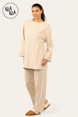 Crew Neck Wide Leg Trousers Loungewear Set Co-Ord in Beige side