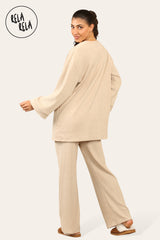 Crew Neck Wide Leg Trousers Loungewear Set Co-Ord in Beige back