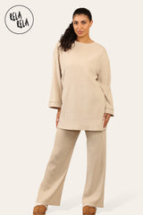 Crew Neck Wide Leg Trousers Loungewear Set Co-Ord in Beige front 2
