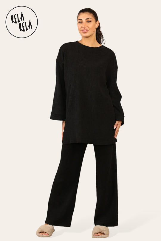 Crew Neck Wide Leg Trousers Loungewear Set Co-Ord in Black