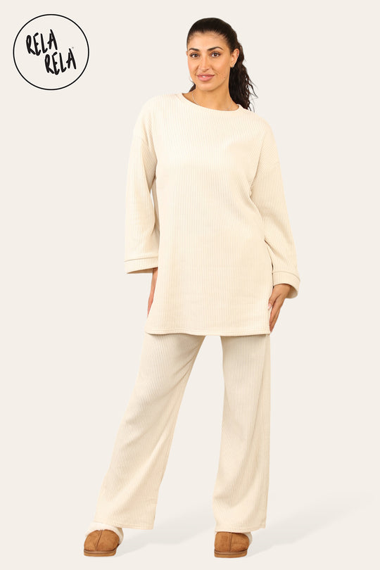 Crew Neck Wide Leg Trousers Loungewear Set Co-Ord in Cream