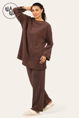 Crew Neck Wide Leg Trousers Loungewear Set Co-Ord in Chocolate front 2