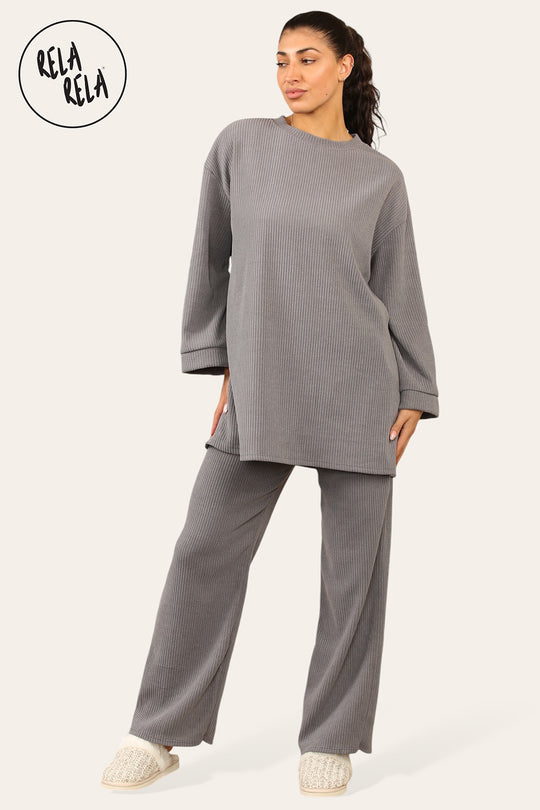 Crew Neck Wide Leg Trousers Loungewear Set Co-Ord in Grey