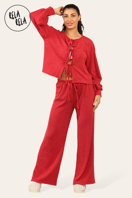 Balloon Sleeve Tie Front Top & Wide Leg Trousers Co-Ord Set in Red
