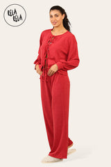 Balloon Sleeve Tie Front Top & Wide Leg Trousers Loungewear Set Co-Ord in Red side