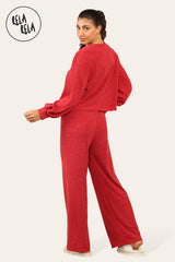 Balloon Sleeve Tie Front Top & Wide Leg Trousers Loungewear Set Co-Ord in Red back