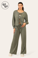 Balloon Sleeve Tie Front Top & Wide Leg Trousers Loungewear Set Co-Ord in Khaki front