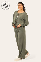 Balloon Sleeve Tie Front Top & Wide Leg Trousers Loungewear Set Co-Ord in Khaki side