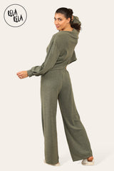 Balloon Sleeve Tie Front Top & Wide Leg Trousers Loungewear Set Co-Ord in Khaki back
