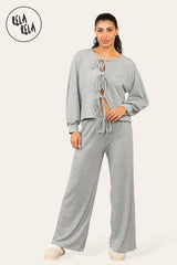 Balloon Sleeve Tie Front Top & Wide Leg Trousers Loungewear Set Co-Ord in Grey