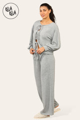 Balloon Sleeve Tie Front Top & Wide Leg Trousers Loungewear Set Co-Ord in Grey side