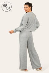 Balloon Sleeve Tie Front Top & Wide Leg Trousers Loungewear Set Co-Ord in Grey back