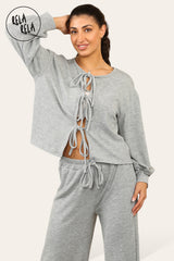 Balloon Sleeve Tie Front Top & Wide Leg Trousers Loungewear Set Co-Ord in Grey detail