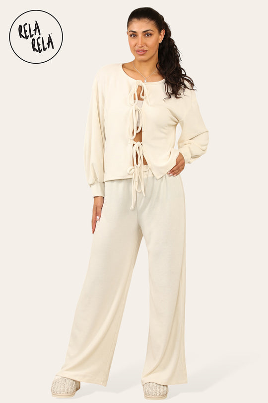 Balloon Sleeve Tie Front Top & Wide Leg Trousers Co-Ord Set in Cream