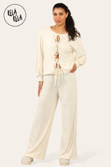 Balloon Sleeve Tie Front Top & Wide Leg Trousers Loungewear Set Co-Ord in Cream