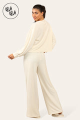 Balloon Sleeve Tie Front Top & Wide Leg Trousers Loungewear Set Co-Ord in Cream back