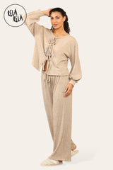 Balloon Sleeve Tie Front Top & Wide Leg Trousers Loungewear Set Co-Ord in Camel side