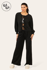 Balloon Sleeve Tie Front Top & Wide Leg Trousers Loungewear Set Co-Ord in Black 